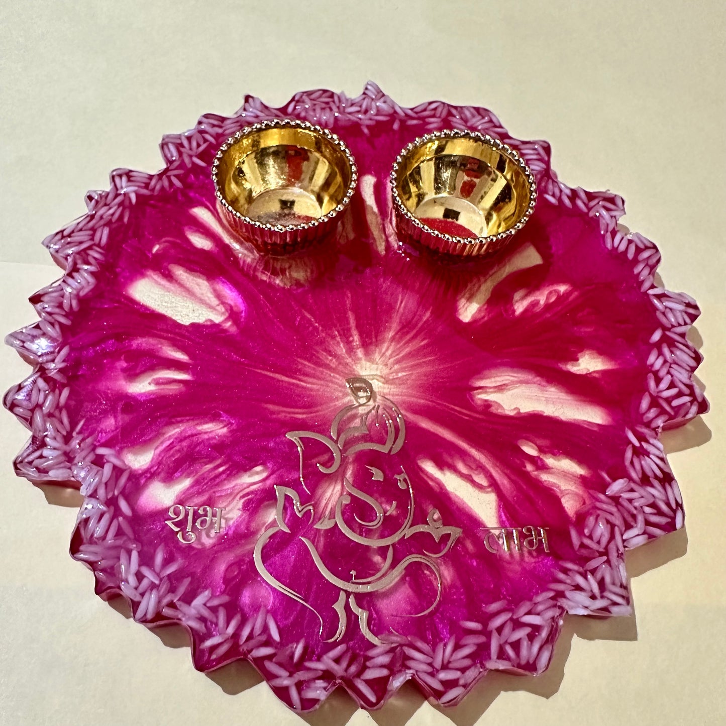 Pooja/Aarti Resin Thali | Pink | Zik Zag With Rice