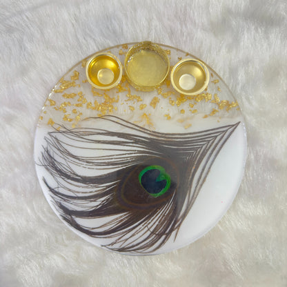 Pooja/Aarti Resin Thali | White with Peacock Feather