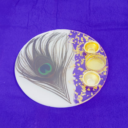 Pooja/Aarti Resin Thali | White with Peacock Feather