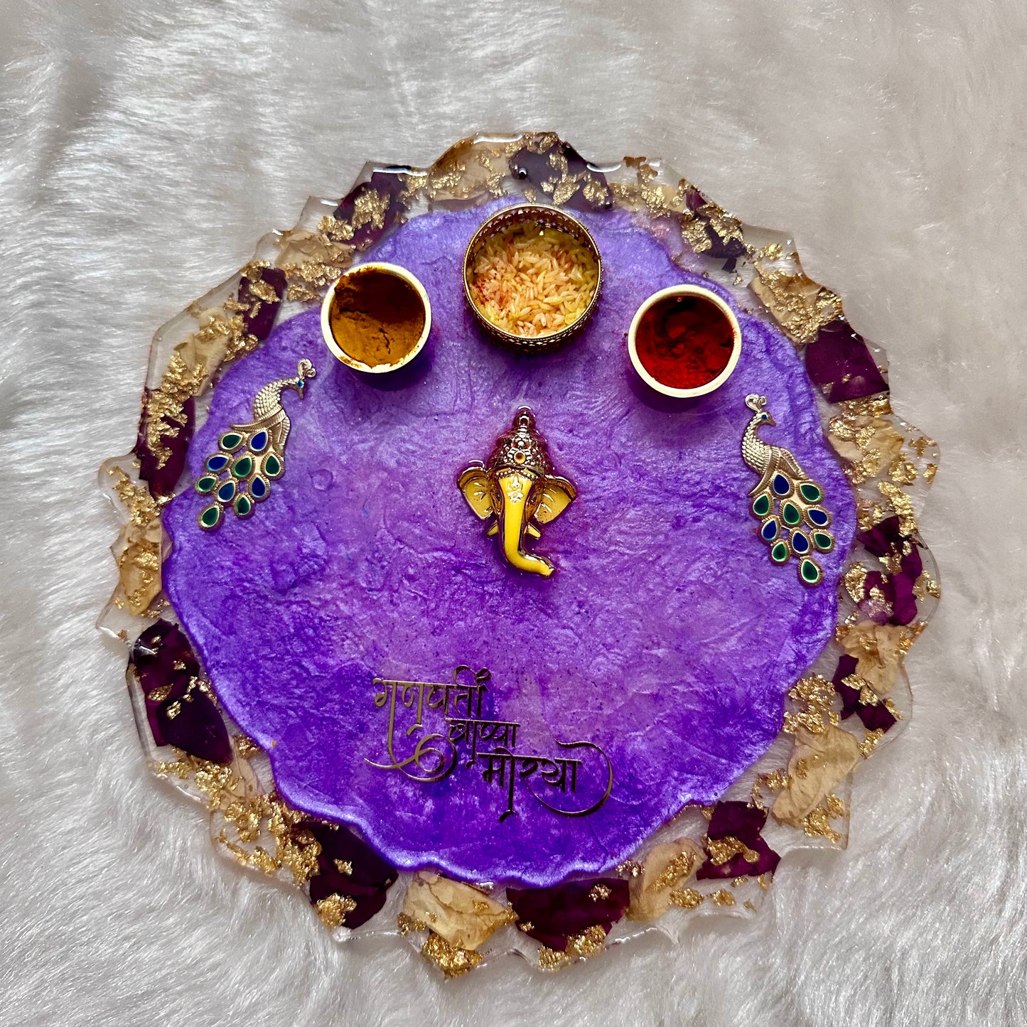 Ganpati Pooja/Aarti Resin Thali | Blue | Rose and Golden Petals