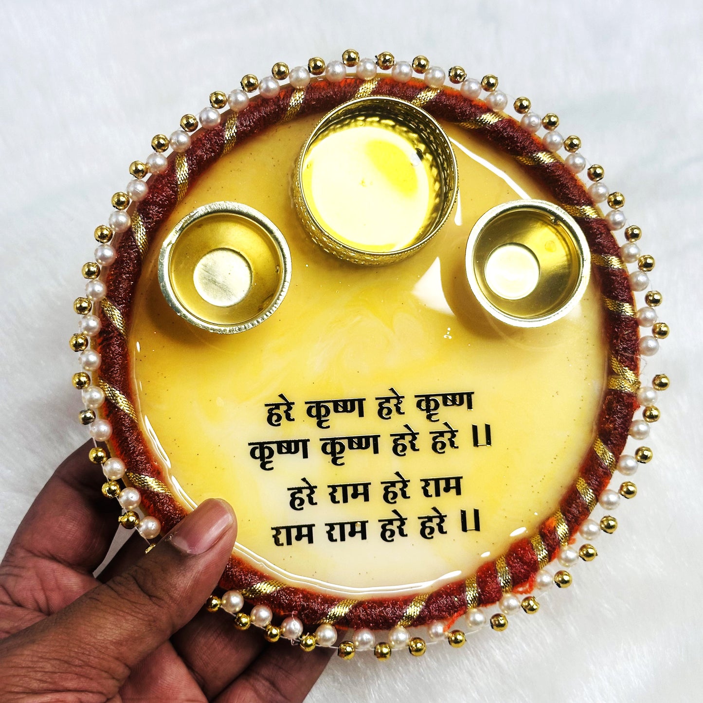 Hare Krishna Hare Krishna | Pooja/Aarti Resin Thali With Border