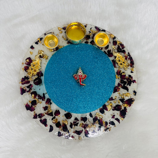 Pooja/Aarti Resin Thali | Blue & Red Floral | Rose Petals