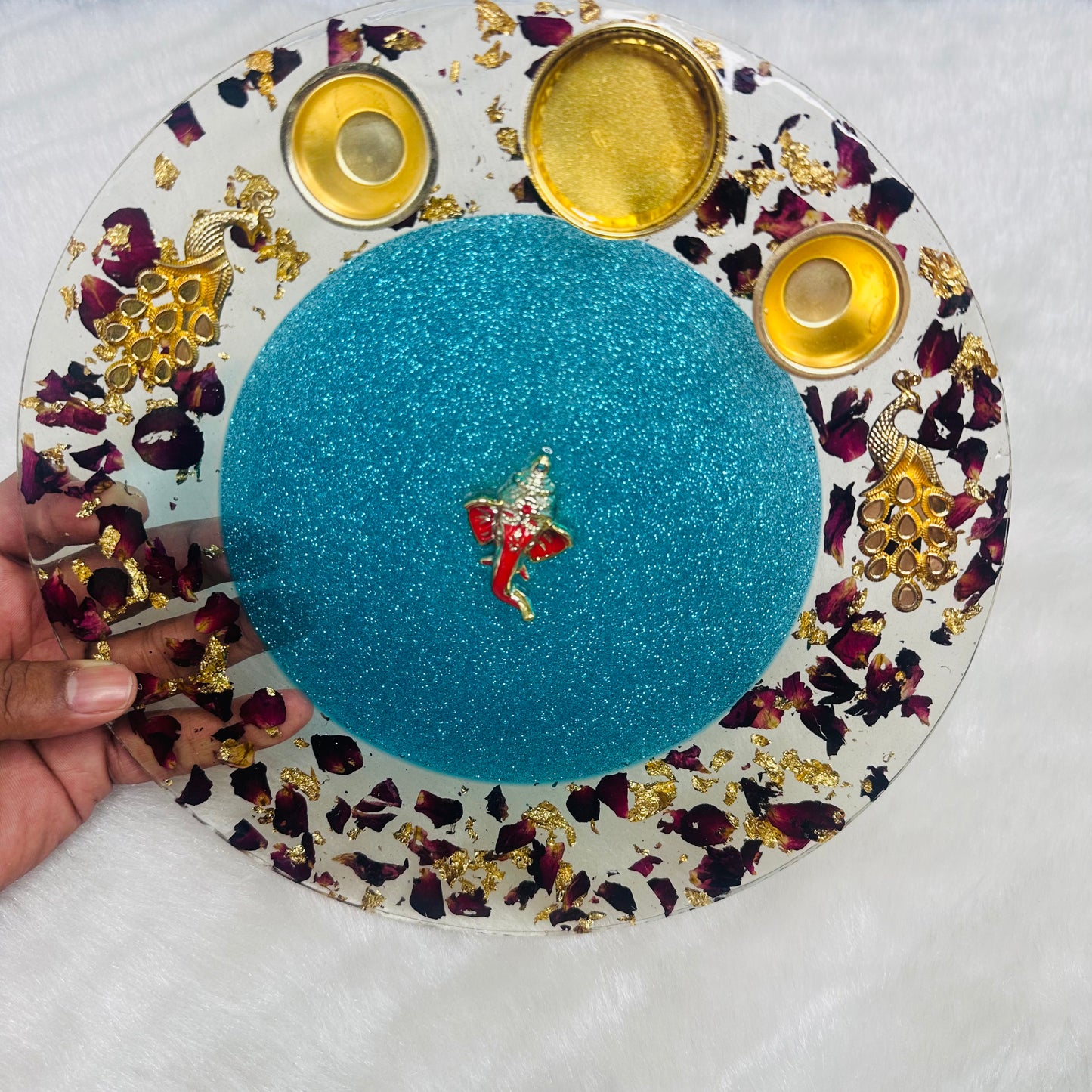 Pooja/Aarti Resin Thali | Blue & Red Floral | Rose Petals