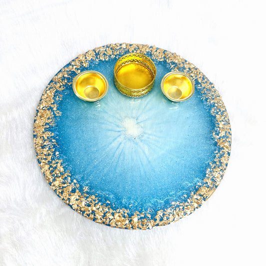 Pooja/Aarti Resin Thali | Blue Geode | Golden Borders