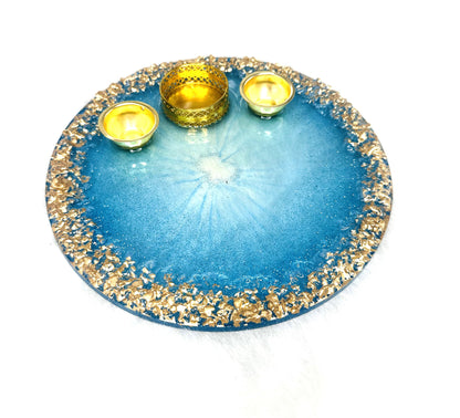 Pooja/Aarti Resin Thali | Blue Geode | Golden Borders