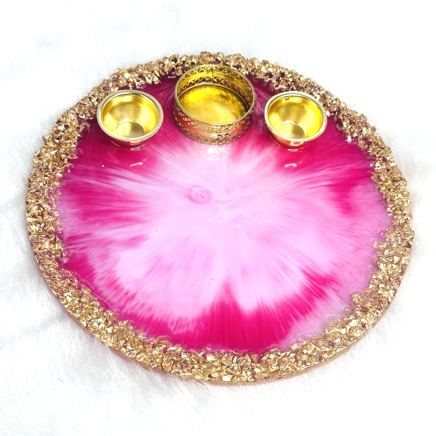 Pooja/Aarti Resin Thali | Pink | Golden Borders