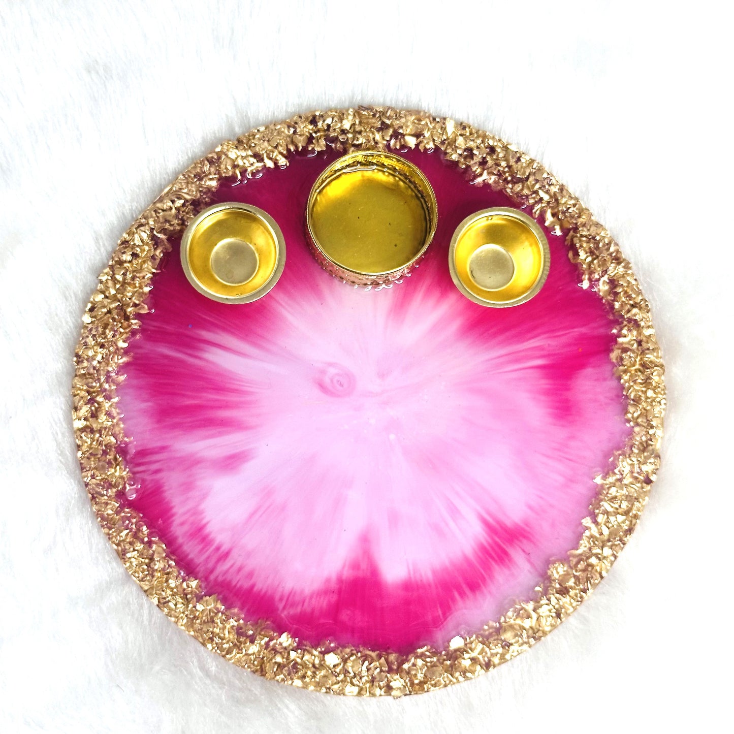 Pooja/Aarti Resin Thali | Pink | Golden Borders