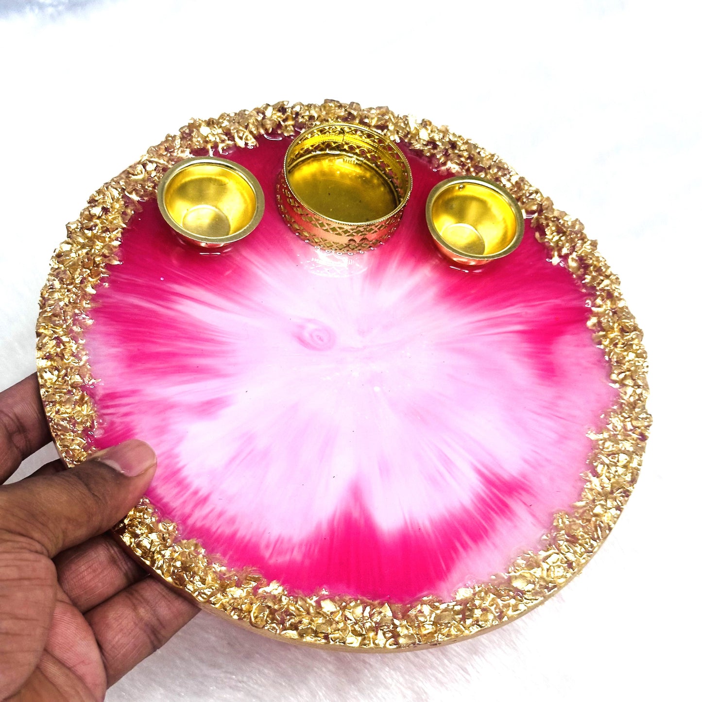 Pooja/Aarti Resin Thali | Pink | Golden Borders