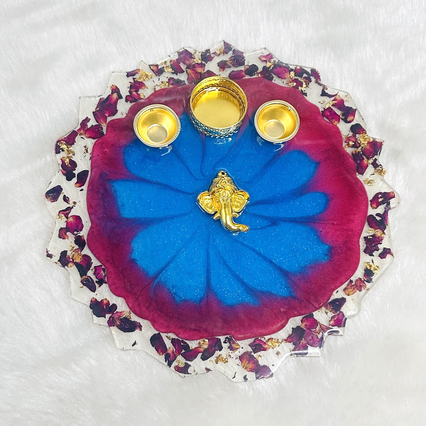 Ganeshji Pooja/Aarti Resin Thali | Blue | Rose Petals