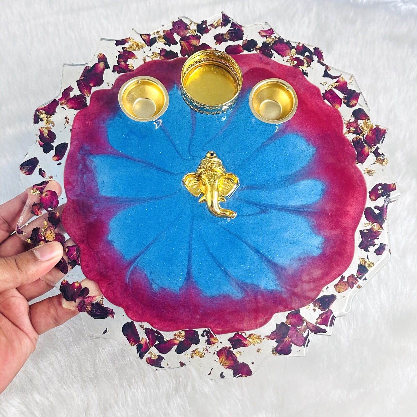 Ganeshji Pooja/Aarti Resin Thali | Blue | Rose Petals