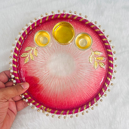 Pooja/Aarti Resin Thali | Pink | Borders