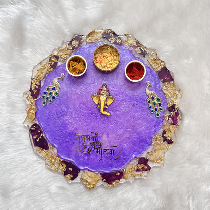 Ganpati Pooja/Aarti Resin Thali | Blue | Rose and Golden Petals