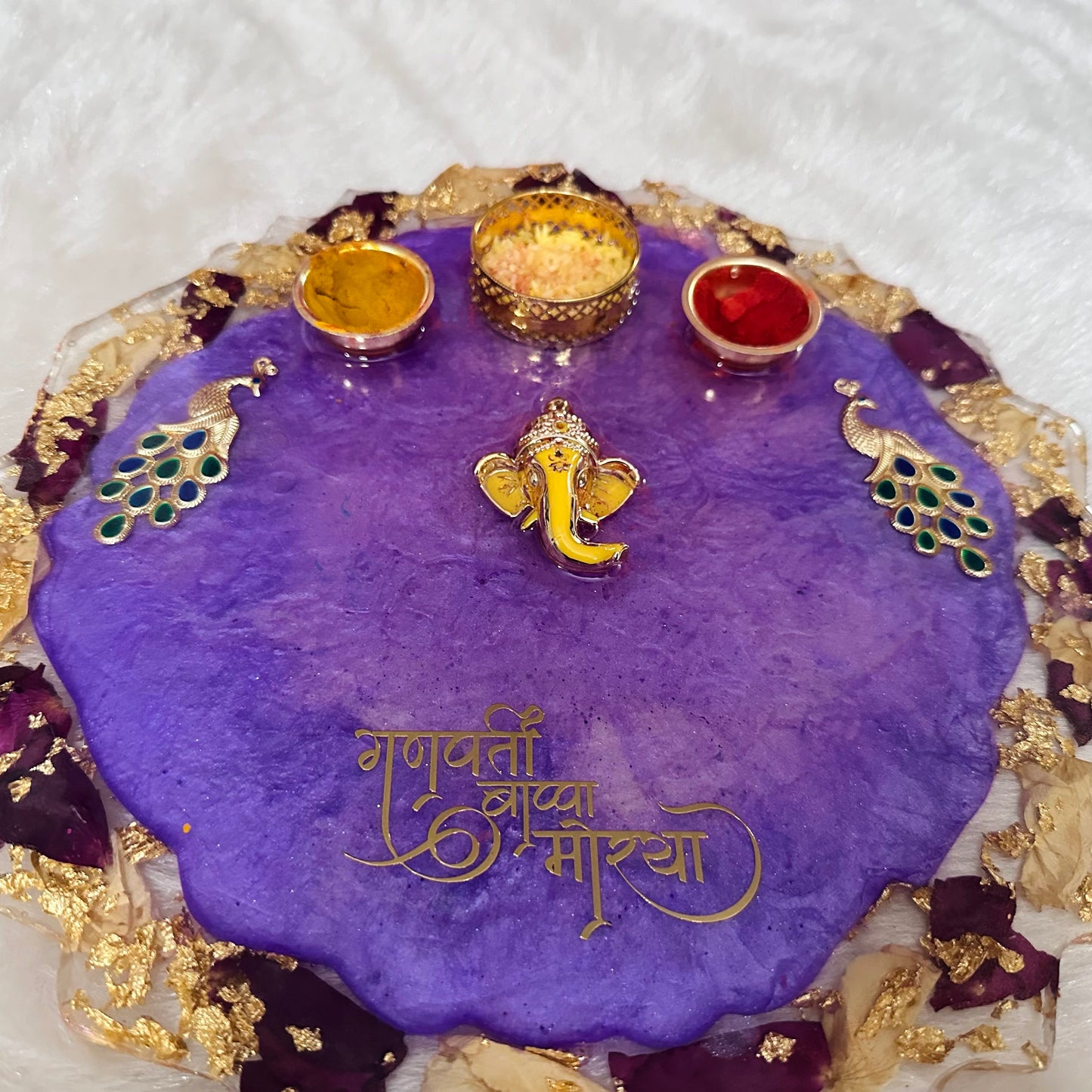 Ganpati Pooja/Aarti Resin Thali | Blue | Rose and Golden Petals